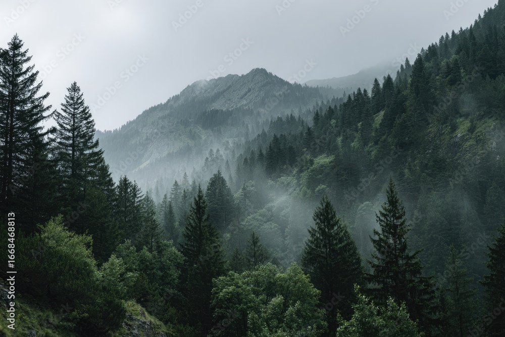 Obraz premium Misty mountain range covered in lush forest