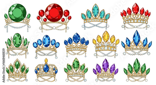 Collection of fifteen colorful jewel encrusted crowns with gold detailing and pearl accents displayed