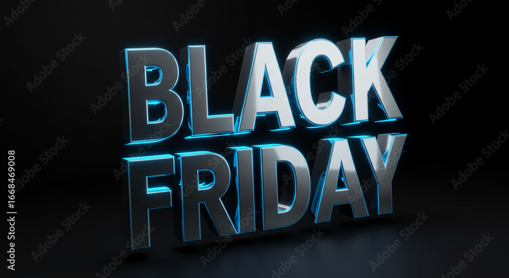 Obraz premium Black friday text in chrome with blue neon outline on a black background close up shot render