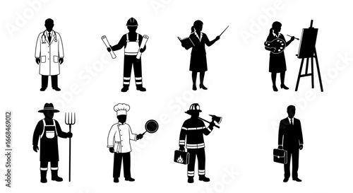Silhouette icons representing different occupations like doctor, teacher and firefighter