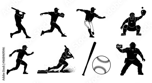 Dynamic Baseball Silhouettes Showcase Players in Action on White Background