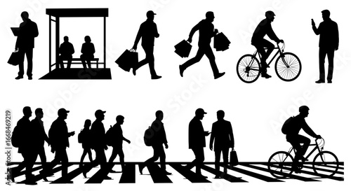Diverse silhouettes of people in different public life scenarios