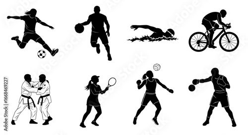 Black Silhouettes of Various Sports on White Background Displayed Beautifully