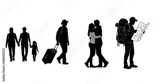 Travel evolution: Diverse silhouettes of people on journeys, showing different styles.