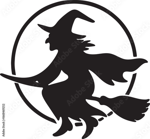Silhouette of a witch flying on a broomstick in a circle isolated on transparent background