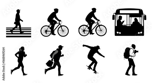 Black and white silhouettes of diverse people engaged in different activities