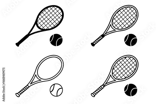 Tennis Rackets and Balls Icon Set.