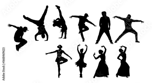 Dynamic Dance Silhouettes Showcase Various Styles on White Background