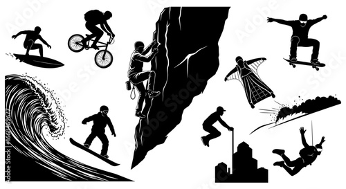 Extreme sports vector silhouettes featuring rock climbing, surfing and base jumping