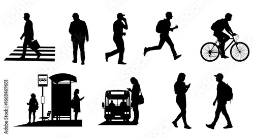 Diverse People in Urban Life Silhouettes on a White Background