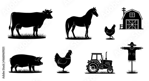 Farm Life Silhouettes: Black and White Vector Illustration Elements