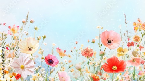 A peaceful floral border set against a sky-like blue gradient, blending nature and minimal design