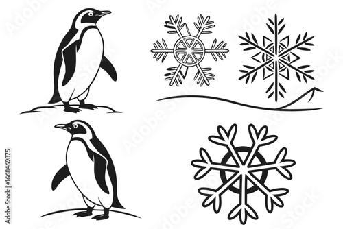 Two Penguins and Snowflakes Vector Illustration.