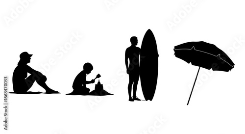 Black silhouettes depicting leisurely beach time activities against a white background