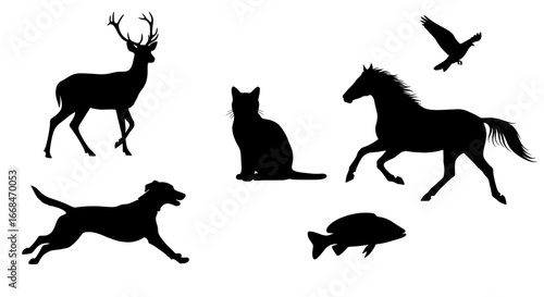 Diverse animal silhouettes in black against a stark white background