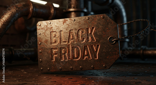 A rusty metal black friday tag hanging by a chain with pipes in the background on a dirty surface