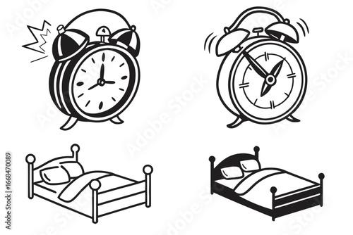 Vintage Alarm Clocks and Beds Illustration.