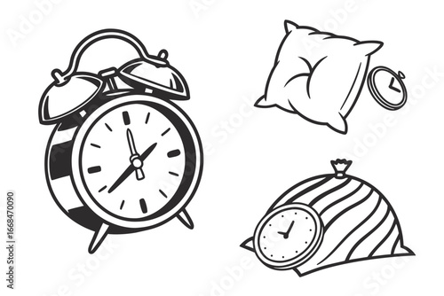 Vintage Alarm Clock and Pillows Illustration.