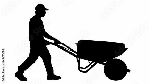 Worker pushing wheelbarrow vector silhouette 