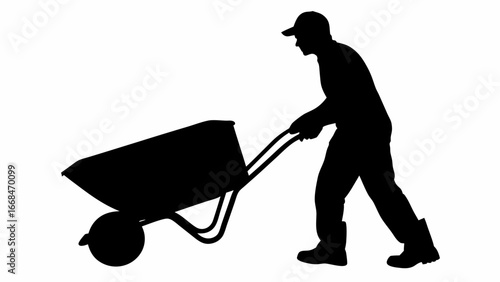 Worker pushing wheelbarrow vector silhouette 