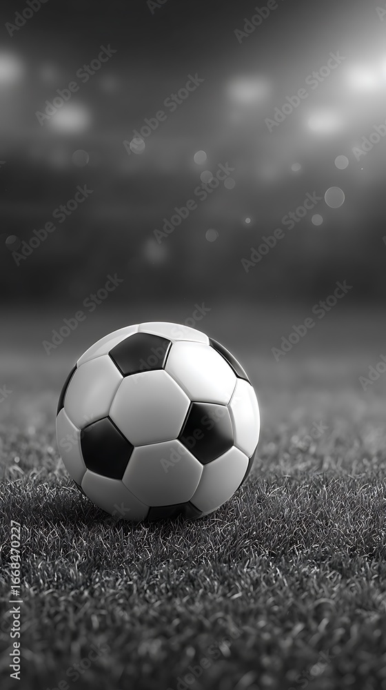 Obraz premium Monochrome Soccer Ball Resting on Grass Field Under Bright Stadium Lights Depiction
