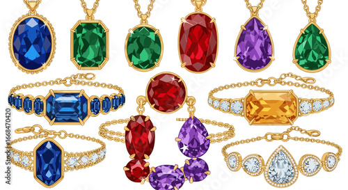 A collection of colorful gemstone jewelry including pendants rings and bracelets on white background