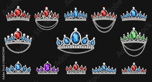 A collection of various jeweled crowns with different colored gems on a black background design layout