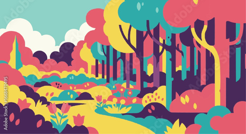 Colorful and vibrant illustration of a spring forest landscape with a winding path and various flowers.