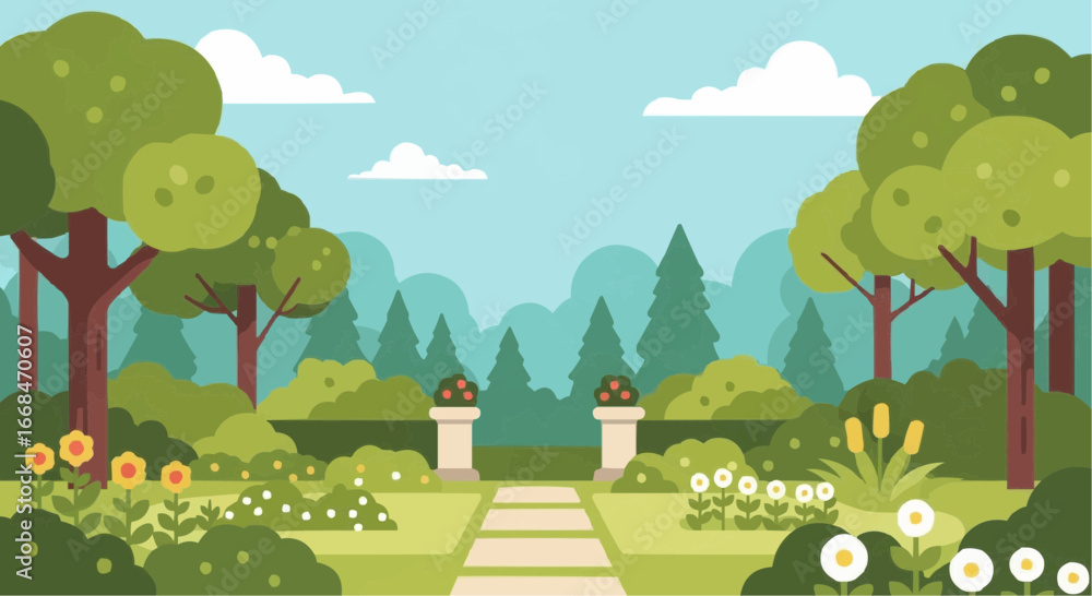 Fototapeta premium A serene garden landscape with a stone path leading through lush greenery and trees under a blue sky.