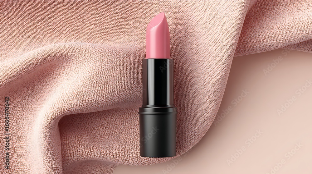 Obraz premium Pink lipstick on a black background, closeup view of lipstick tube and color