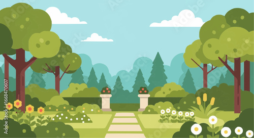 A serene garden landscape with a stone path leading through lush greenery and trees under a blue sky.