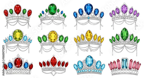 Collection of twelve ornate crowns adorned with colorful gemstones and delicate silver filigree designs
