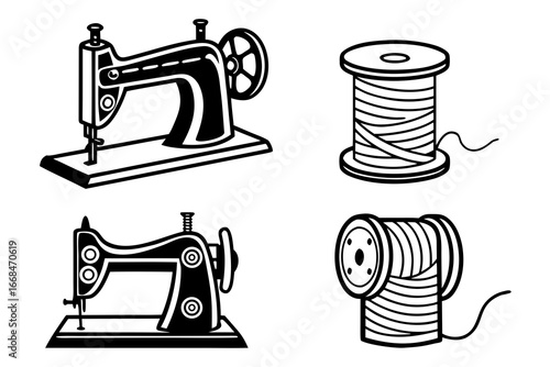 Vintage Sewing Machine and Thread Spool Icons.