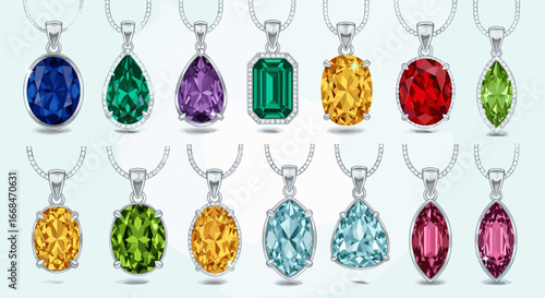 Collection of twelve gemstone pendants with silver chains in various shapes and vibrant colors displayed
