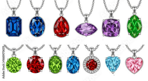 Collection of gemstone pendants with silver chains in various shapes and vibrant colors displayed