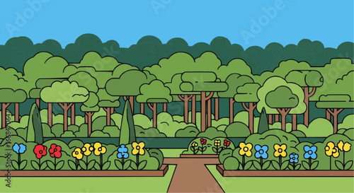 A vibrant cartoon garden with colorful flowerbeds and a path leading into a dense, lush forest under a clear blue sky.