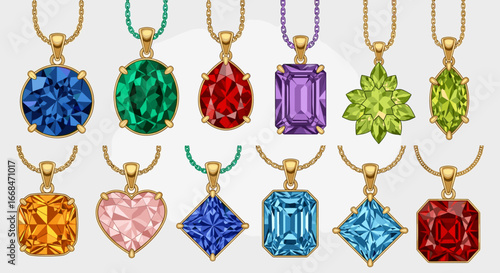 Collection of pendants with colorful gemstones on gold chains displayed in an elegant arrangement