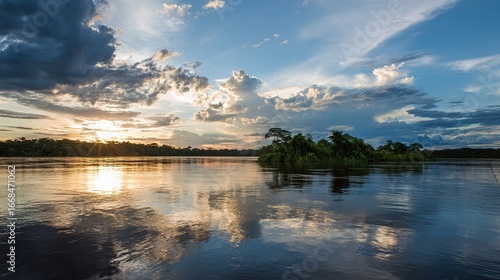 At sunset, a serene river, lakes reflecting vibrant colors, and lush rainforest landscapes on both sides capture the serene beauty of nature.