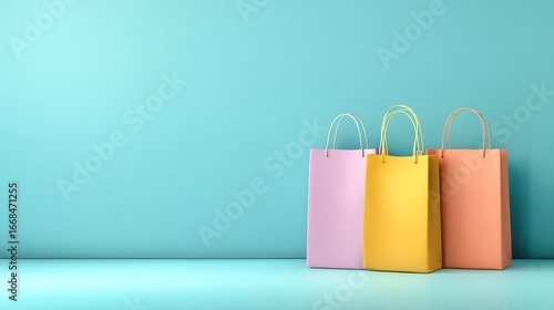 Colorful shopping paper bags on white background with handles, perfect for retail, sale, and gift packaging, ideal for shopping and business use