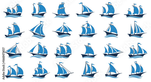 A collection of stylized blue sailboats on a wavy water background, showing various sail positions.