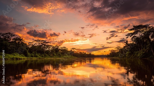 At sunset, a serene river, lakes reflecting vibrant colors, and lush rainforest landscapes on both sides capture the serene beauty of nature.