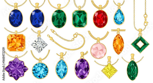 Assortment of colorful gemstone pendants with gold chains displayed on a white background surface
