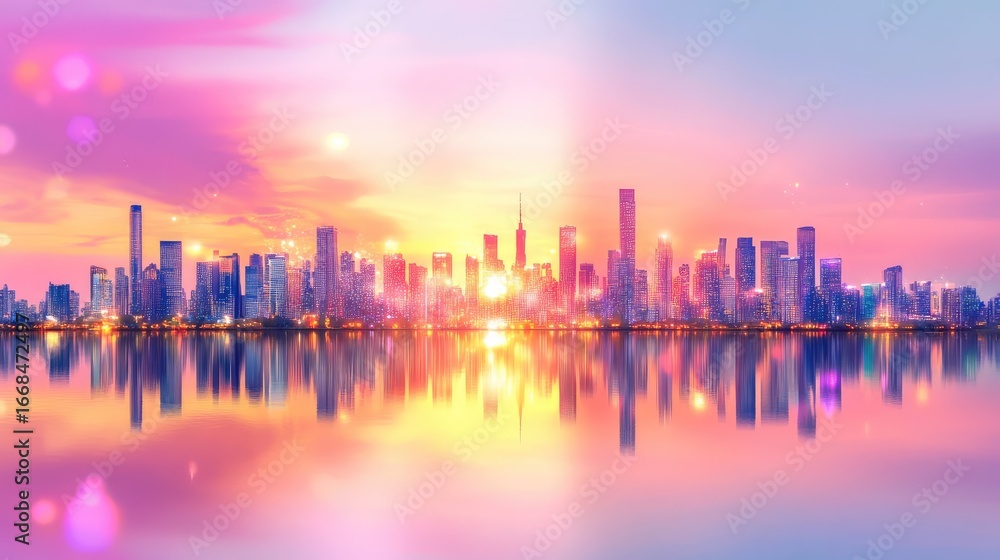 Fototapeta premium Blurred city skyline at sunset with glowing reflections on calm water, blending vibrant colors and soft shapes in a tranquil urban scene