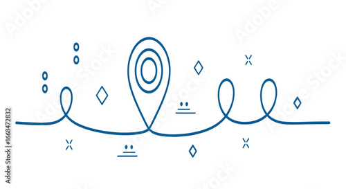 Stylized map pin illustration with decorative line and geometric elements