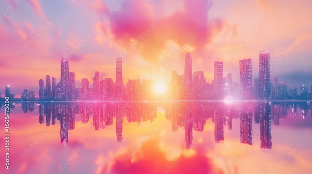Fototapeta premium Blurred high-rises mirrored in still water under a vivid sunset sky, creating a harmony of soft light and urban geometry