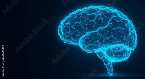 A glowing, digital representation of a human brain, rendered with interconnected lines and dots.