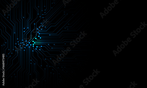 Abstract blue circuit board technology connected lines electronics elements computer motherboard chip processor semiconductor digital on black background vector
