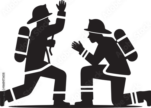 Two Firefighters Standing Together Black Silhouette Illustration