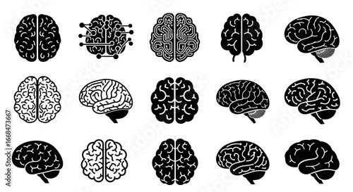 Collection of stylized illustrations depicting different views of human brains, in black and white.