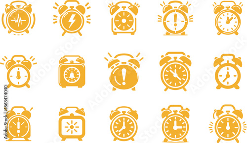 Golden alarm clocks icons reminding deadlines, time management and productivity tips
